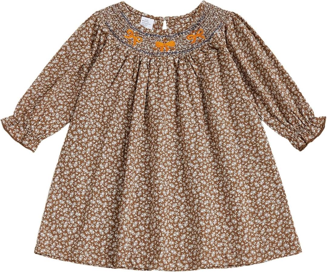 Little Toddler Girl Fall Outfit Floral Pattern Bow Long Sleeve Dress Smocked Bubble Baby Clothes (Brown)