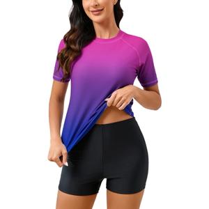 Halcurt Women's Built in Bra Rash Guard UPF 50 Two Piece Swimsuit Shirt and Board Shorts, L