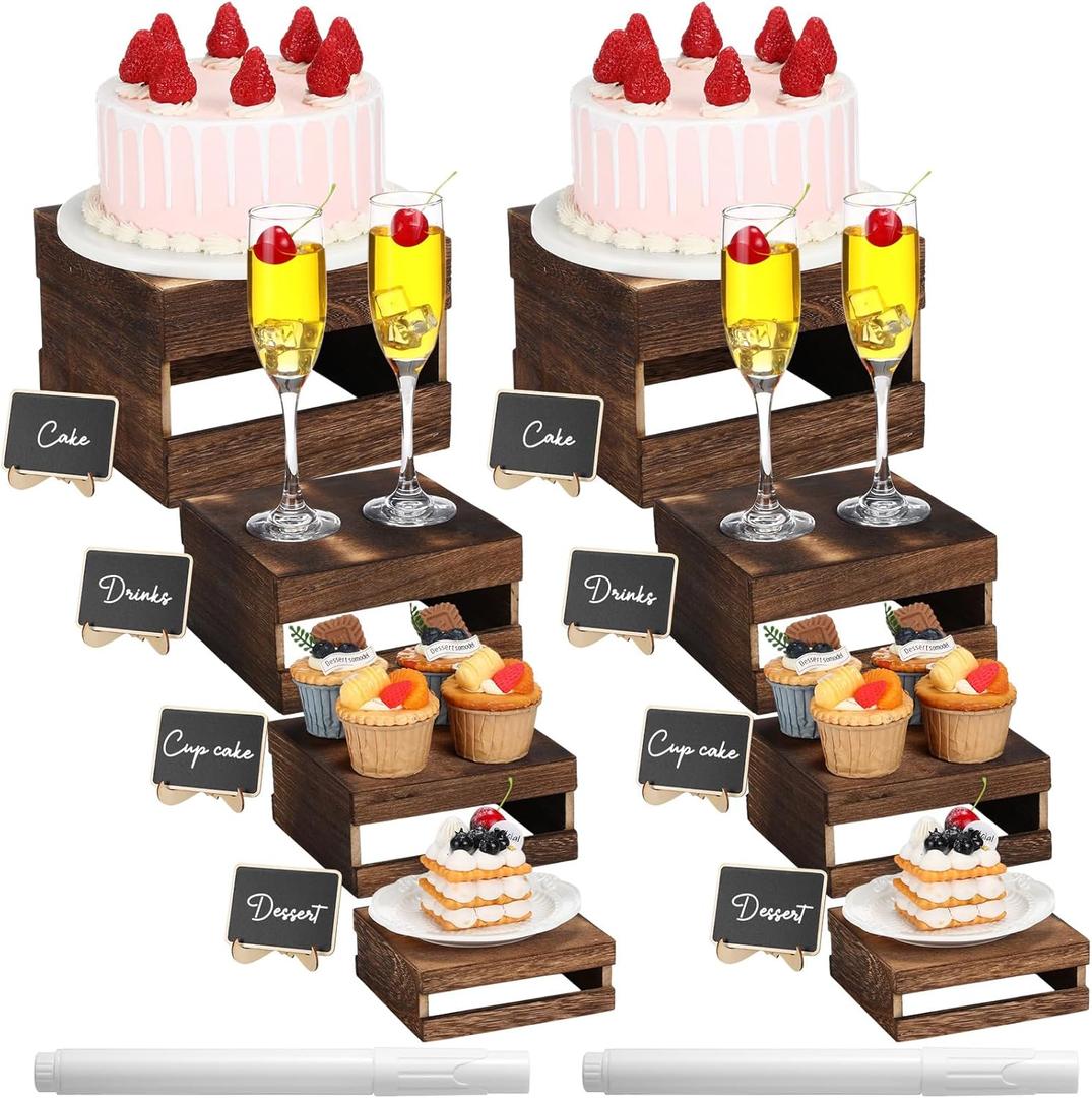 Lallisa 8 Pcs Buffet Risers with Mini Signs Bulk Wooden Food Risers for Buffet Table Rustic Wood Cake Stands Crate Dessert Display Stand with Hollow Bottoms for Wedding Birthda, Vintage Dark Brown 