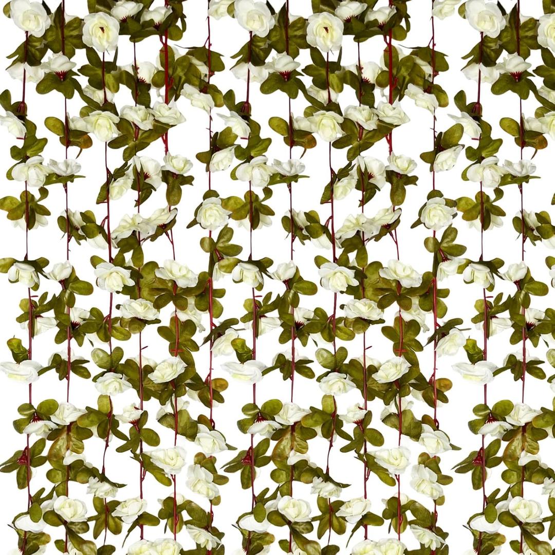 8Pcs 63Ft Cream Rose Garland, Fake Rose Hanging Flowers, Artificial Flower Vine, Hanging Floral Vine Garland for Wedding, Birthday Party, Wall Arch, Halloween, Christmas Garden Backdrop Decor