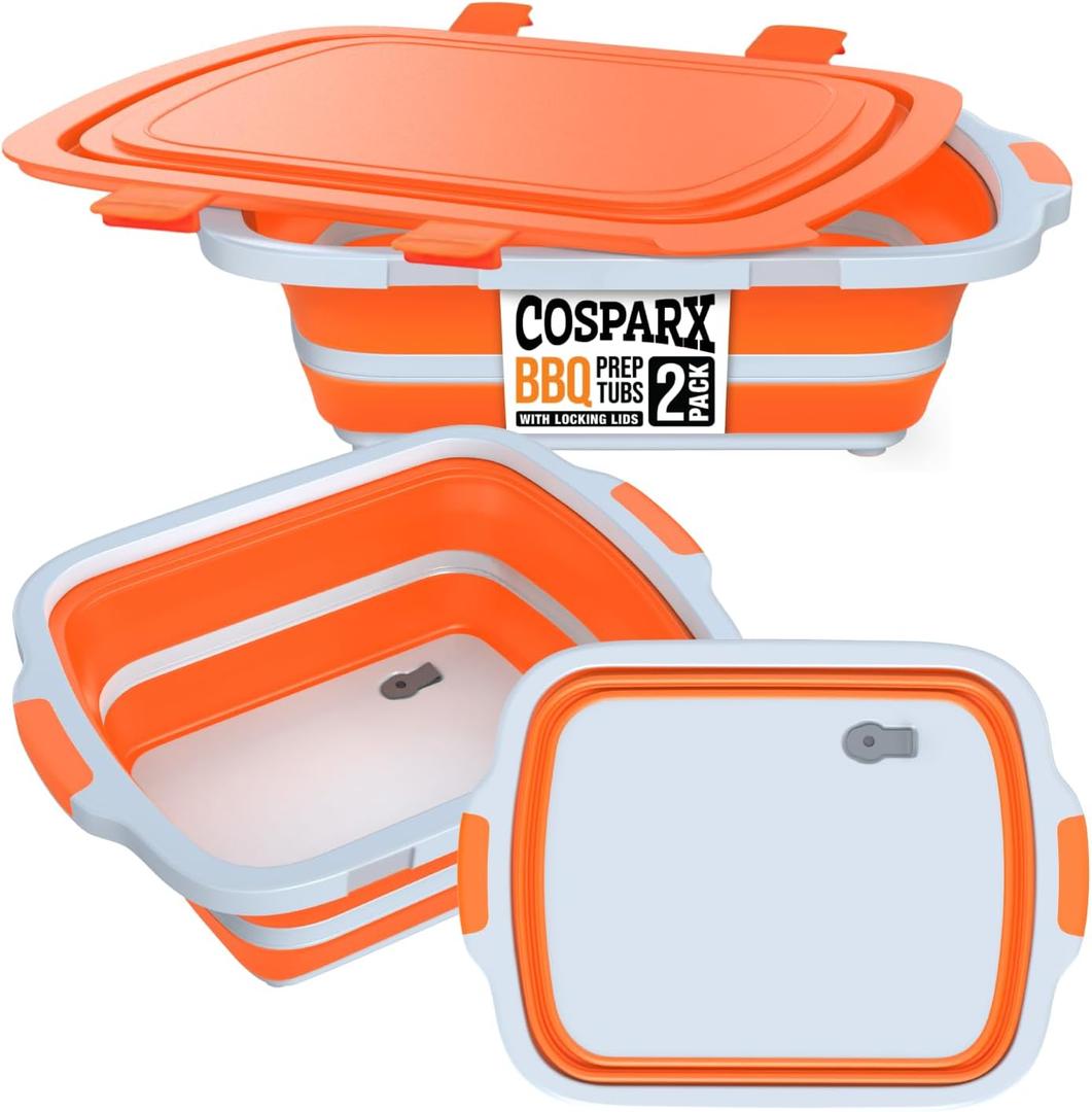 2-Pack XL Collapsible BBQ Prep Tub with Built-In Cutting Board, Lid & Strainer Marinate, Drain & Prep Large Food-Safe Container Perfect for Grilling, Smoking & Outdoor Cooking
