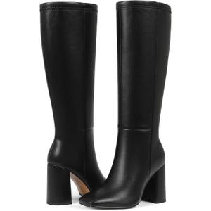 Mikarka Women's Square Toe Knee High Boots: Chunky High Heel Tall Boots for Women - Half Zipper Vegan Leather Fashion Long Fall Heeled Boots (7.5, Black)