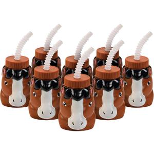 Fun Express Horse Shaped Cups with Lids and Straws 8 Pack - Reusable Plastic Kids Cups for Party Favors | Western Cowgirl Birthday Party Decorations & Supplies | BPA Free 14 oz Drinking Cups