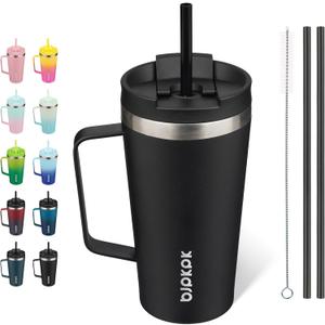 BJPKPK Insulated Tumbler with Handle, 18oz Insulated Tumblers with Lid and Straw, Stainless Steel Metal Water Bottles, Coffee Travel Mugs, Cups, Black