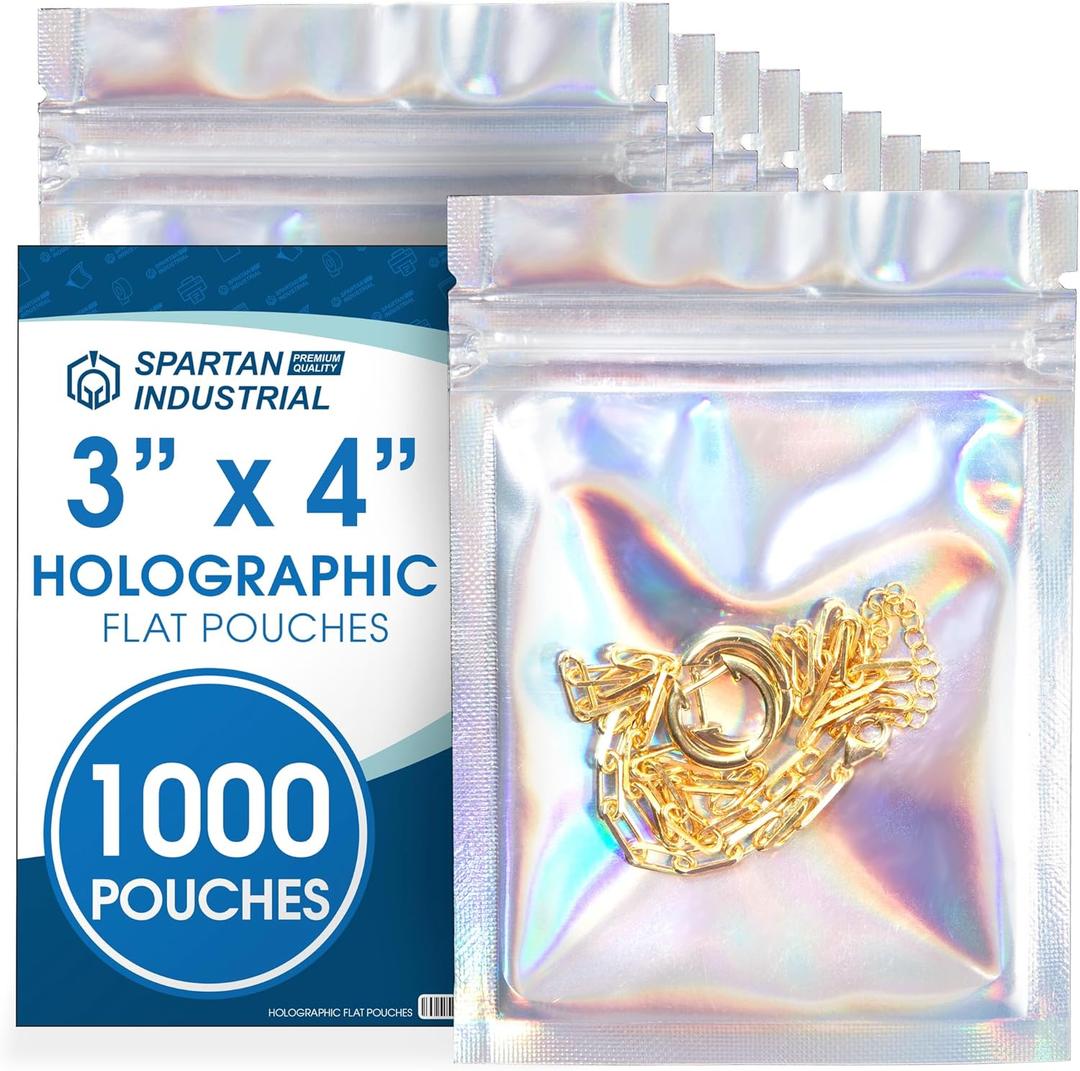 Spartan Industrial - 3" X 4" Holographic Foil Bags - Pack of 1000 Smell-Proof Resealable Bags for Food, Wax Melts, Lip Gloss Packaging, and More
