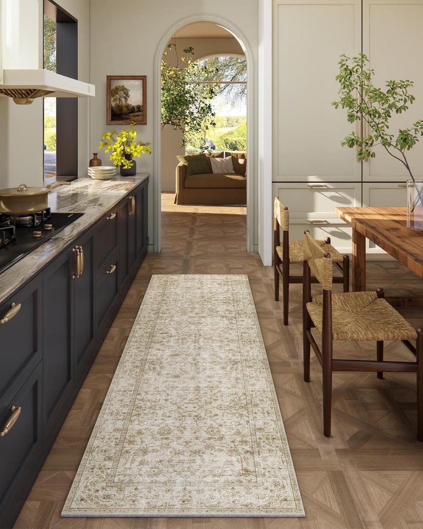 Washable Kitchen Rug Runners for Hallways: 2'x6' Bedroom Runner Rug Non Slip Low-Pile Stain Resistant Soft Carpet Runner for Indoor Entryway Hallways Kitchen Laundry Room Beside Farmhouse (Beige and Brown)