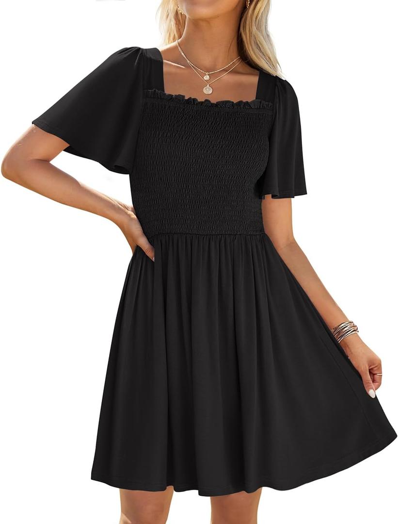ZESICA Women's 2025 Summer Casual Mini Dress Flutter Short Sleeve Square Neck Smocked Tiered Ruffle Flowy Dresses S, Black