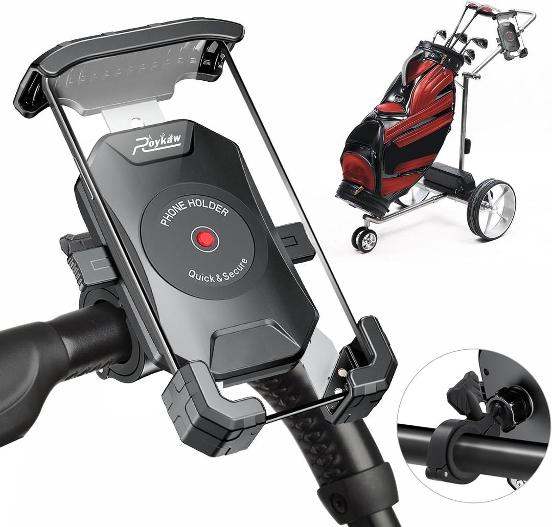 Roykaw Golf Push Cart Phone Holder Mount Compatible with Caddytek,Clicgear,Sun Mountain,Rovic, Caddy, Bag Boy,Golf Push Cart Accessories for Cell Phones,Full Silicone Protection/ 360Rotatable