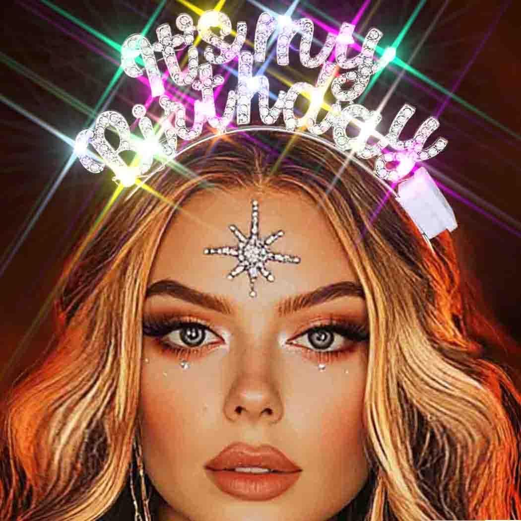 Zoestar Light Up Happy Birthday Headband Led Rhinestone Birthday Party Hair Accessories Women(Silver, One Size)