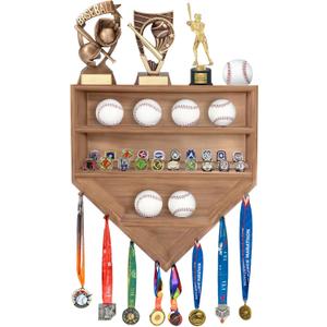Baseball Holder Display Case Wooden Championship Ring Display Case Wall Mounted for Balls, Rings, Medals, Trophies