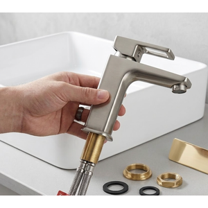 Single Handle Single Hole Stainless Steel Bathroom Faucet with Deckplate and Pop Up Drain in Brushed Nickel