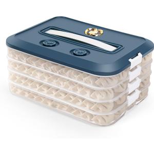 Food Storage Containers with Lids, Plastic Cookie Storage Containers Airtight, 4-Layer Stackable Food Containers Dumpling Storage Box, Blue