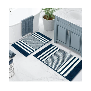 Tindbea Bathroom Rugs Set 2 Piece, Extra Soft and Absorbent Fluffy Striped Chenille Bath Mat Rug Set, Non Slip Bathroom Floor Mat, Machine Washable (20" x 32" Plus 16" x 24", Navy Blue)