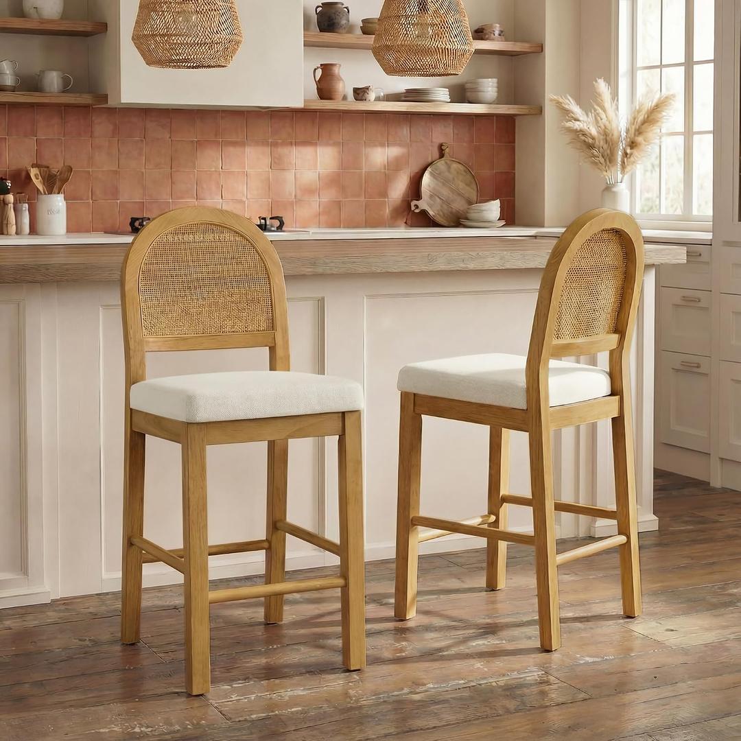 KISLOT Upholstered Rattan Bar Stools, 26'' Counter Height, Set of 2, Walnut