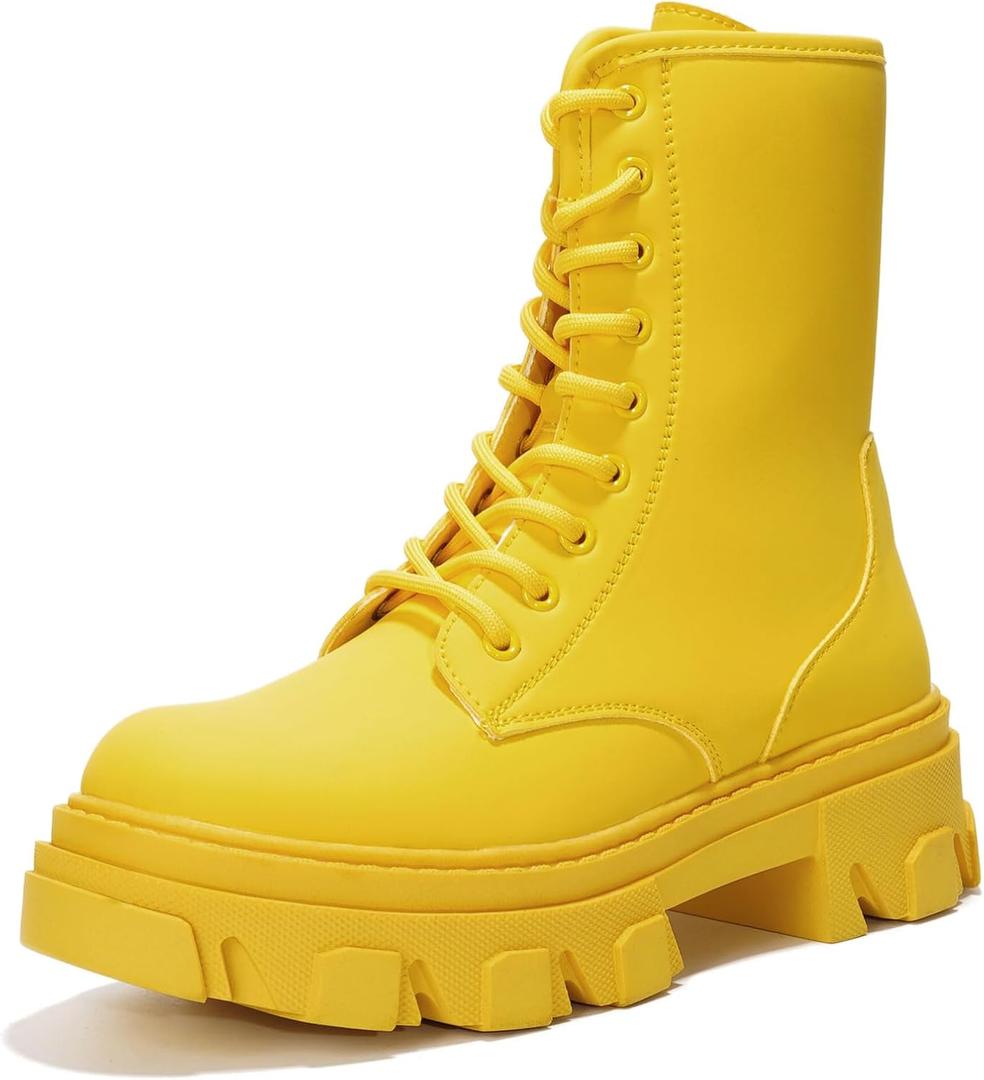 Women's Chunky Heel Combat Boots Platform Ankle Booties, Lace Up Fall Winter Streetwear Fashion Boots, Comfortable Block Heel (Chrisley) - Yellow Size 8