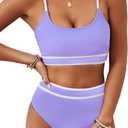 BMJL Women's High Waisted Bikini Ribbed Two Piece Swimsuit High Cut Color Block Adjustable Straps Bathing Suit (S Light Purple029)