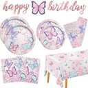 Butterfly Birthday Party Supplies Disposable Paper Plates Napkins Cups Tablecloth and Banner for Butterfly Girl Party Birthday Decorations, Serve 25