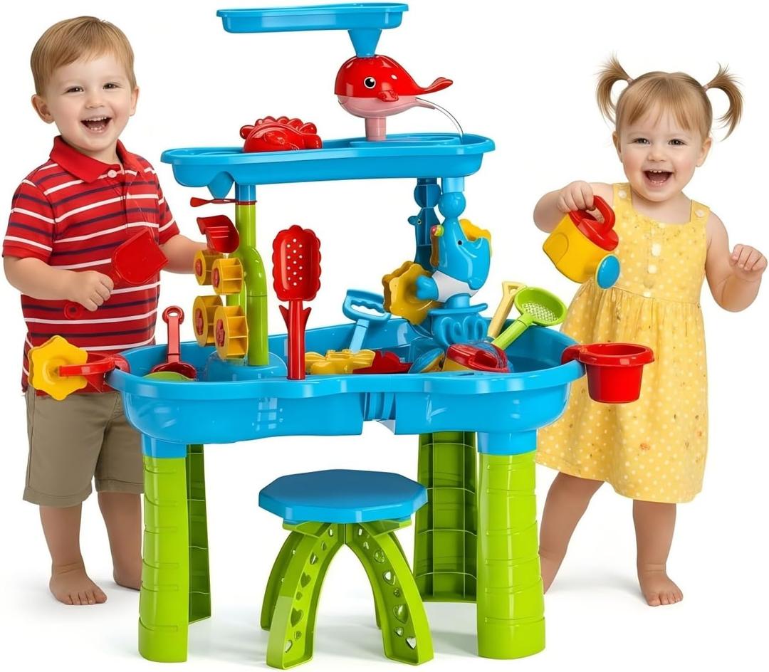 eaacaa Water Table with Chair  3-Tier Sand Water Sensory Table Toys for Toddlers & Kids Ages 3-8, Outdoor Backyard & Beach Play, Ideal Gift for Boys & Girls (Blue)