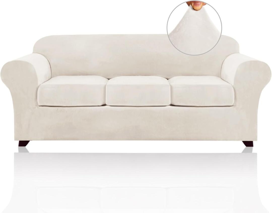 PrinceDeco Velvet Couch Covers for Sofa Soft 4 Pieces Couch Covers for 3 Cushion Couch Sofa Pet Friendly Furniture Protector with Non Slip Elastic Bottom Width Up to 90 Inch (Large, Porcelain)