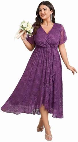 SCOMCHIC Womens Plus Size Wedding Guest Dress Formal Lace Wrap V Neck High Low Short Sleeve Cocktail Maxi Dresses,L