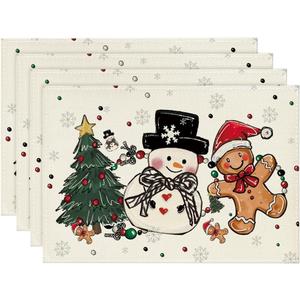 Artoid Mode Snowman Tree Gingerbread Gifts Merry Christmas Placemats Set of 4, 12x18 Inch Seasonal Winter Holiday Table Mats for Party Kitchen Dining Decoration (Beige)