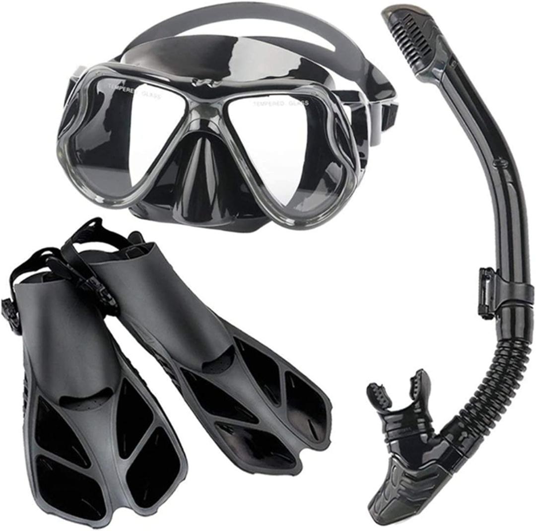 Scuba Diving Equipment Packages Including Adjustable Swimming Fins/Flippers + Automatic Breathing Tube + Tempered Glass Lens Snorkeling Mask Snorkel Set