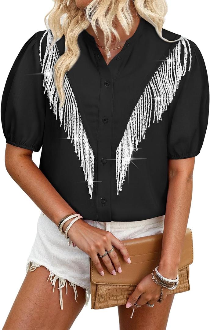 MYMORE Womens 2025 Western Cowgirl Rhinestone Fringe Shirt Blouse Sparkly Puff Short Sleeve Button Down Shirt Jacket Dolly Costume Parton Nashville Cowboy Rodeo Country Concert Outfit Costume Black XL