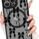 AIGOMARA for iPhone 14 Pro Max Case, Compatible with MagSafe, Cute Bowknot Pattern with Semi-Transparent Frosted Phone Case for Woman Gilrs Soft TPU and PC Back Protective Slim Phone Cover Black