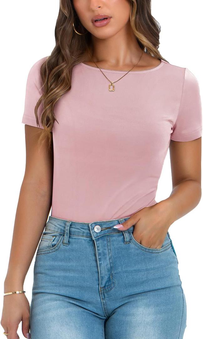 DOROSE Womens Crewneck Tops Short Sleeve Shirts Slim Fit Basic Tees (Large, Pink)