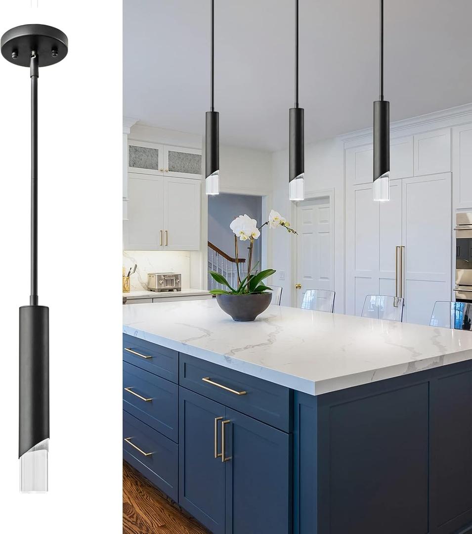 Modern Pendent Lights in Kitchen, Black Mini Pendant Light Bedroom Bedside Table Small Chandelier, Metal Rod Ceiling Pendant Lighting for Kitchen Island Bedroom Restaurant bar (1-Pack)