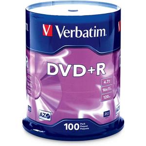 Verbatim DVD+R Blank Discs AZO Dye 4.7GB 16X Recordable Disc - 100 Discs Spindle Silver Frustration Free Packaging