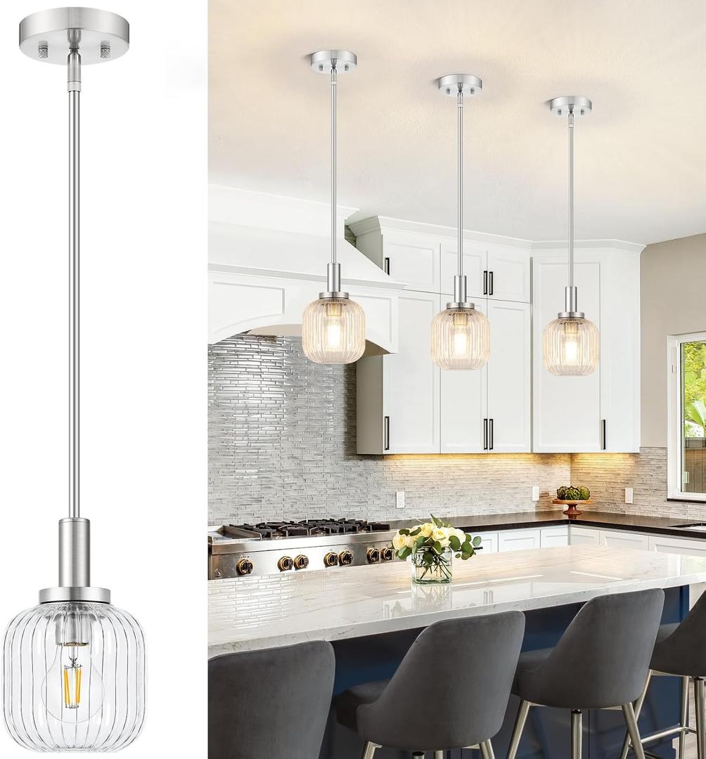 Brushed Nickel Pendant Lights Kitchen Island, 1-Light 5.9" Modern Glass Pendant Light with Clear Glass and Rods, Mini Hanging Lighting for Kitchen Sink Bathroom Bedroom, OS-YQ7749-1PBN