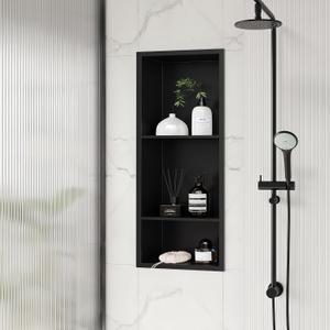 Qeke Stainless Steel Shower Niche 12" X 29", No Tile Needed Wall Niche Three-Tier, Recessed Shower Shelf for Bathroom Storage, Matte Black