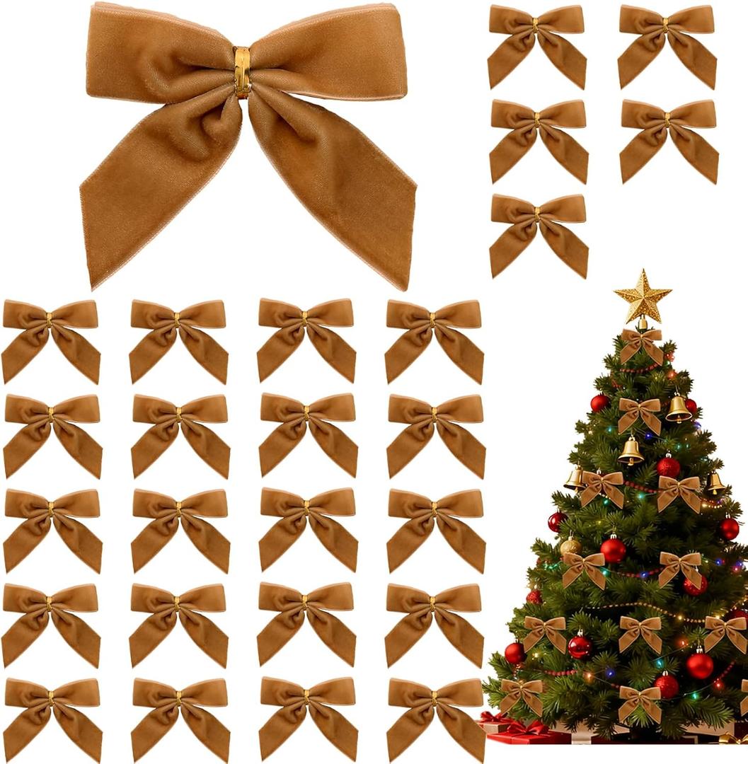 26 Pcs Gold Small Velvet Bows Decorations Vintage Christmas Ornaments for Christmas Tree Gift Wrapping Wreath Table Fireplace Garland and Xmas Party (Brown)