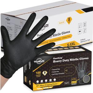 TitanFlex Heavy Duty Black Nitrile Gloves, Raised Diamond Texture, Latex Free, Powder Free Disposable Gloves (8Mil/6Mil), Small (Pack of 100)