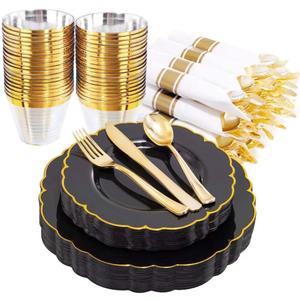 Morejoy 175PCS Black Gold Plastic Plates, Black Plates with Rolled Napkins: 50 Plates, 25 Spoons, 25 Forks, 25 Knives, 25 Cups for Wedding & Party & Birthday & New Year (175PCS, Black and Gold)