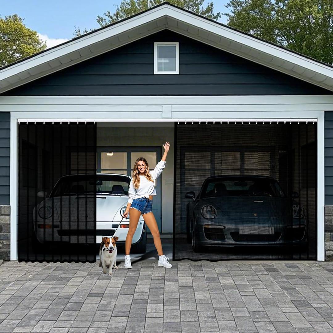 Sliding Garage Door Screen 2 Car with Track Closure, 16x7Ft Garage Net Screen Retractable Privacy Curtain Keep Annoying Animals Out Easy Assembly Fiberglass Mesh Screen Door for 2 Car Garage, Black