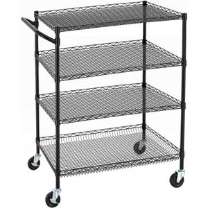 Finnhomy 4 Tier Heavy Duty Commercial Grade Rolling Cart with Handle Bar, Metal Wire Utility Cart with Wheels, Service Trolley on Wheels, Shelf Size 24" D x 36" W, NSF, Black