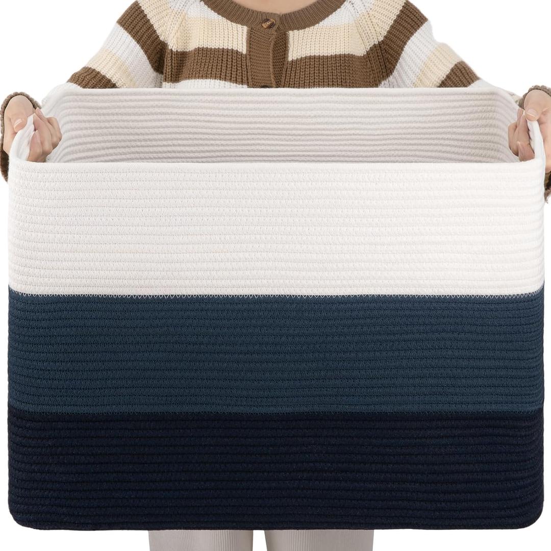 OIAHOMY 108L Large Cotton Rope Basket, Rectangle Woven Baskets for Storage, Nursery Blanket Storage Living Room, Toy Basket With Handle-25x16x16-Gradient Blue