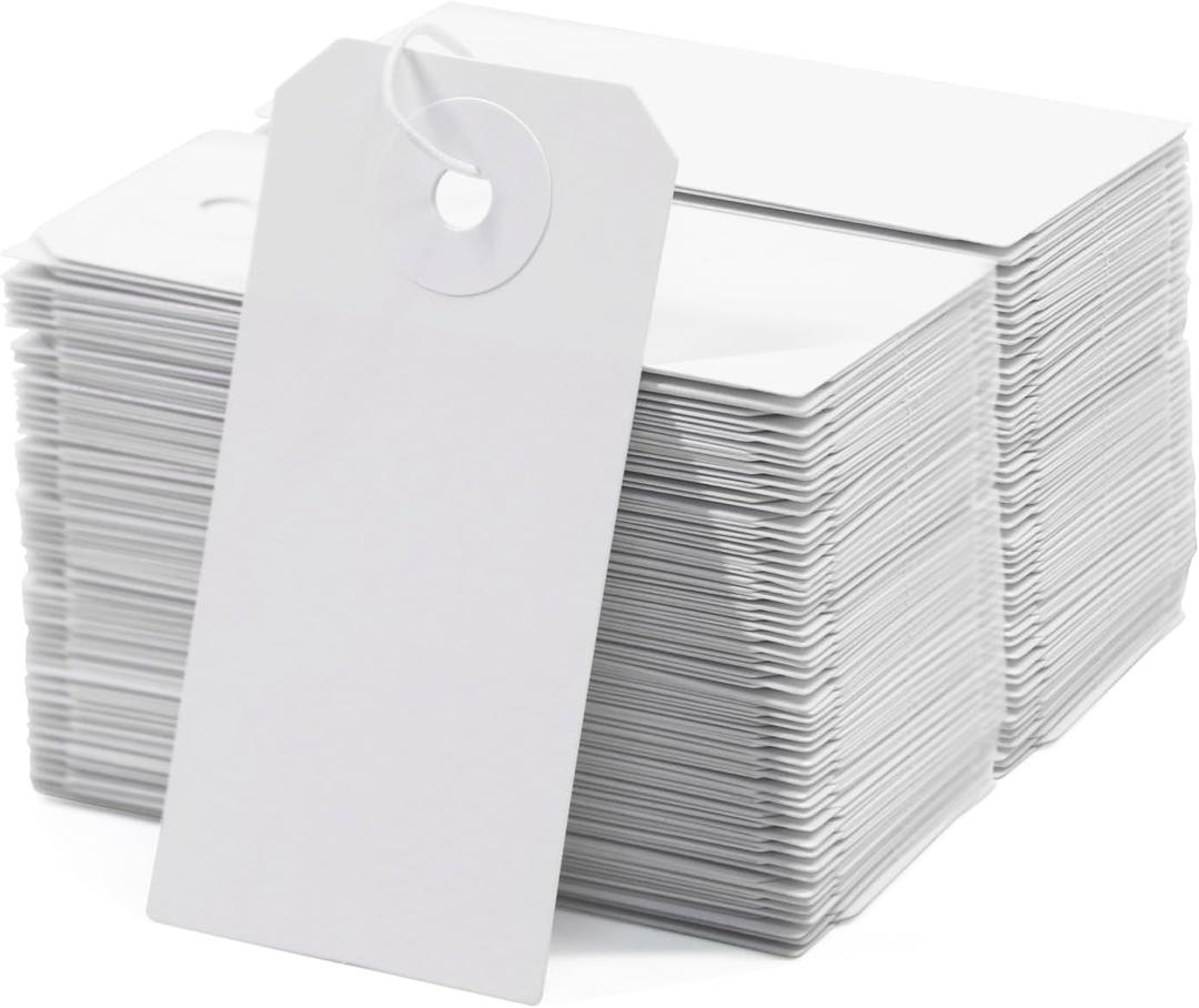 Coideal 200 Pcs Small Blank Marking Strung Tags - Writable Display Label Hang Tags with Elastic String (2 3/4" x 1 3/8") (7 x 3.5 cm, White)