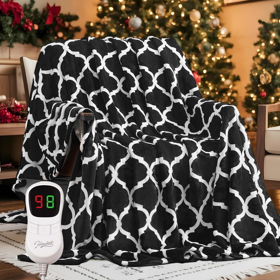 Homemate Heated Blanket Electric Full Size - 72x84 Heating Blanket with 10 Fast Heat Levels 8 Hours Auto Off Ultra Soft Cozy Flannel Over-Heated Protection ETL Certification Keep Warming in Home (50"x60"Inch, Black Geometry)