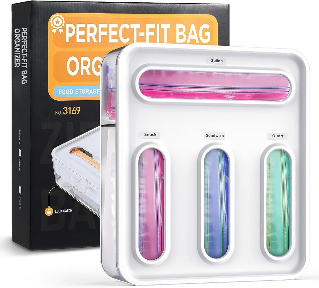 OUTXE Bag Organizer for Drawer + Fridge, Magnetic Kitchen Baggie Storage | Pantry Organization for Ziplock Plastic Food Bags | Compatible with Snack Sandwich Quart Gallon (White)