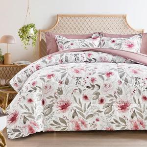 Flysheep Floral Bed in a Bag Twin Size 6 Pieces, Blush Pink and Grey Elegant Flowers Comforter Bedding Set for All Season (1 Comforter, 1 Flat Sheet, 1 Fitted Sheet, 2 Pillow Shams and 1 Pillowcase)