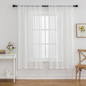 Off White Sheer Curtains 72 Inches Long 2 Panels, Thin Linen Textured See Through Curtain, Short Rustic Kitchen Drapes, Rod Pocket Window Treatments Decor Ivory
