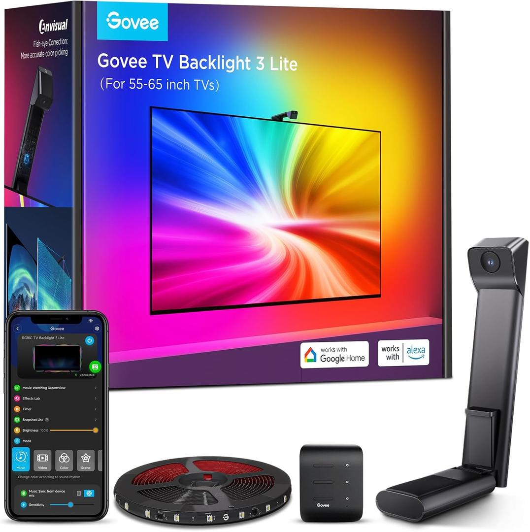 Govee TV Backlight 3 Lite with Fish-Eye Correction Function Sync to 55-65 Inch TVs, 11.8ft RGBICW Wi-Fi LED Strip Lights with Camera, 4 Colors in 1 Lamp Bead, Voice and APP Control, Adapter (11.8FT for 55''-65'' TV)