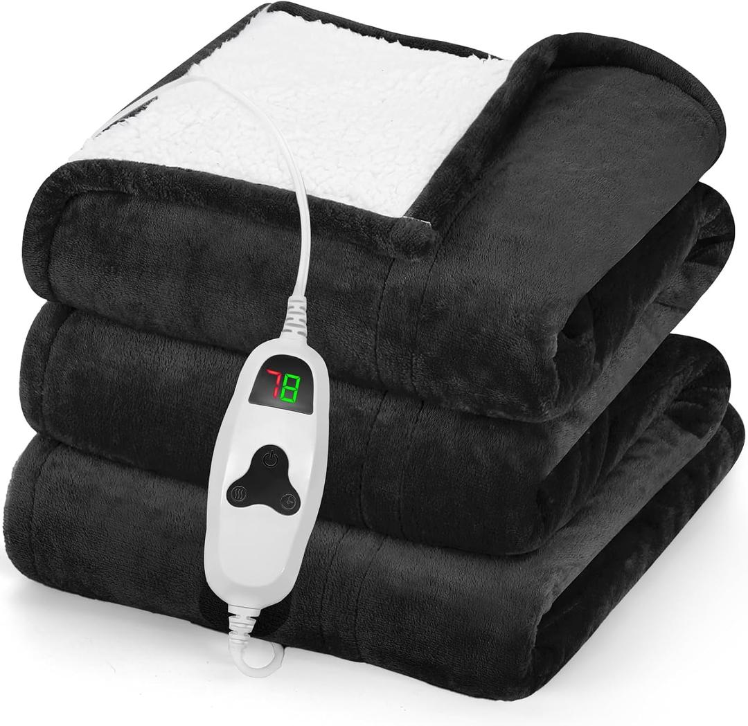 greenoak Heated Blanket Electric Throw 50"X60", Heating Blanket with 10 Heat Levels 8 Hours Auto-Off,Fleece Soft Blanket, Birthday Gifts for Grandma Seniors, Lacquered Black
