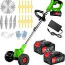 Electric Weed Wacker 21V Electric Weed Cordless Eater with 2pcs Batteries and 3 Types Blades&Auxiliary Wheel Weed Trimmer Lightweight 3 in 1 Stringless Grass Trimmer Edger/Brush Cutter for Lawn
