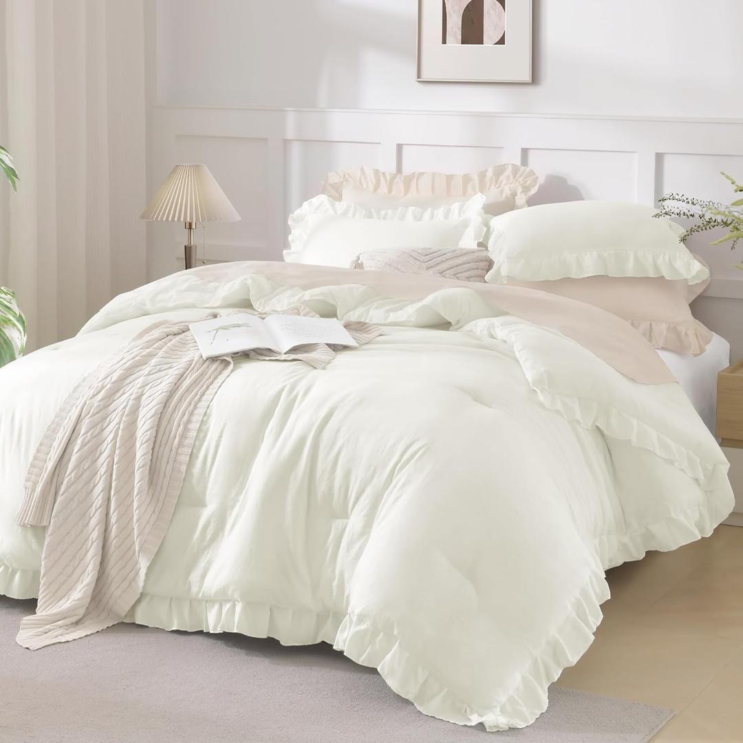 Andency Ivory Comforters Queen Size, 3 Pieces Solid Shabby Chic Farmhouse Bedding Comforters & Sets, Lightweight Fluffy All Season Soft Down Alternative Bed Set for Women Men (Queen (90"x90"))