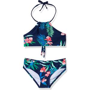Kanu Surf Girls' Mahina UPF 50+ Beach Sport Halter Bikini 2-Piece Swimsuit (Leonie Floral Navy) Size 12 