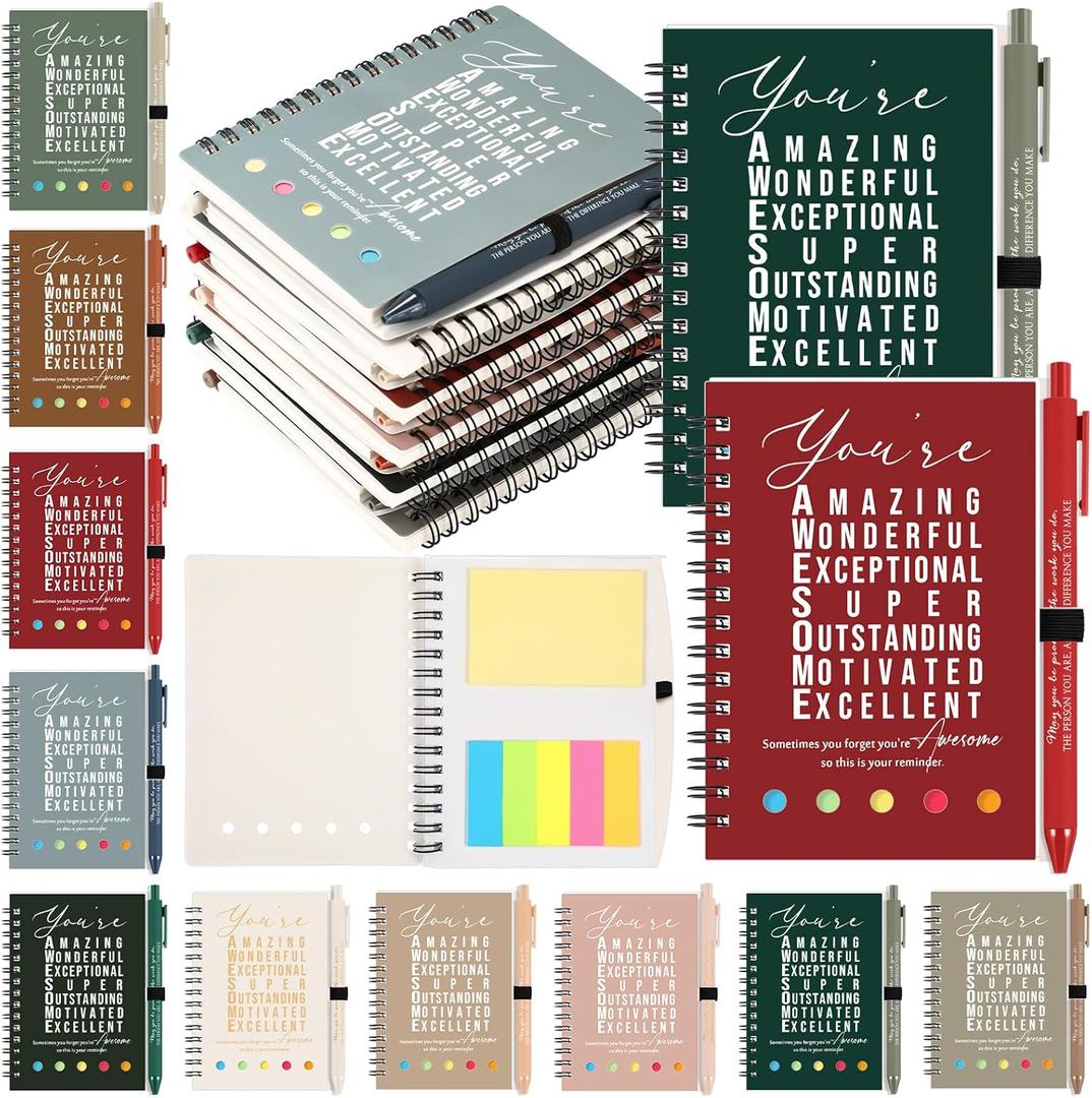 Jetec 100 Pcs/50 Sets Motivational Spiral Notebook with Sticky Notes Pen Bulk Boho Inspirational Journals Employee Appreciation Thank You Gift for Teacher Coworker Staff Team (Earth Tone)